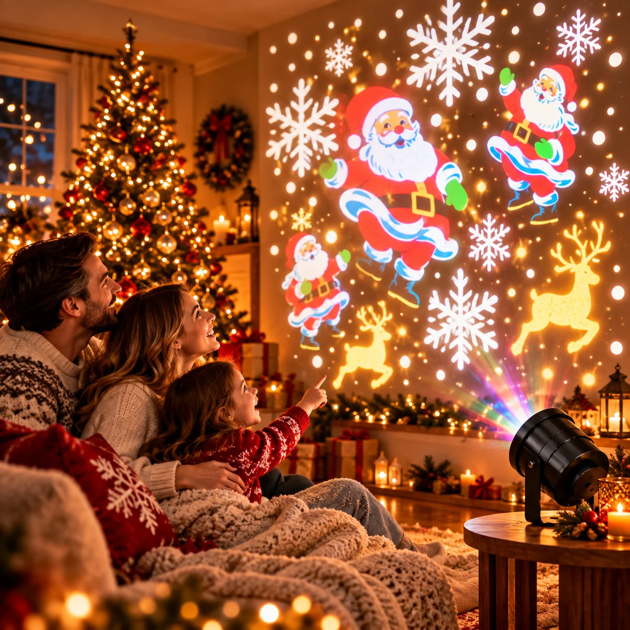 Holiday Prism showing Christmas-themed projections with Santa and snowflakes