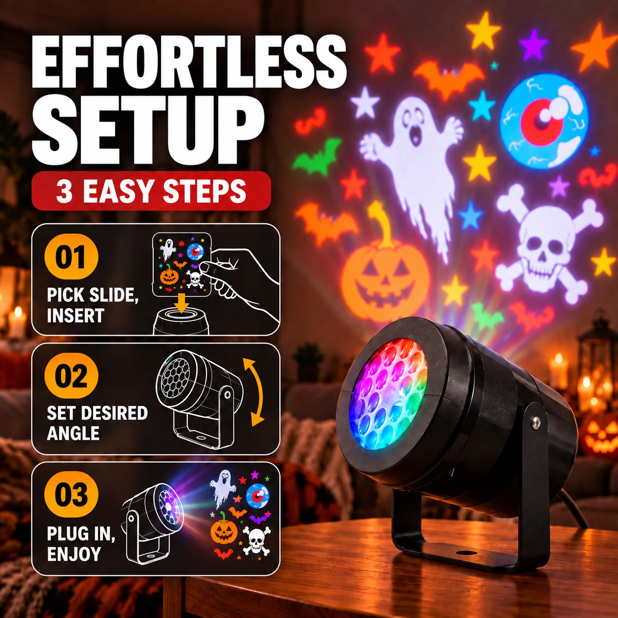 Holiday Prism setup guide showing slide insertion, angle adjustment and plugging in