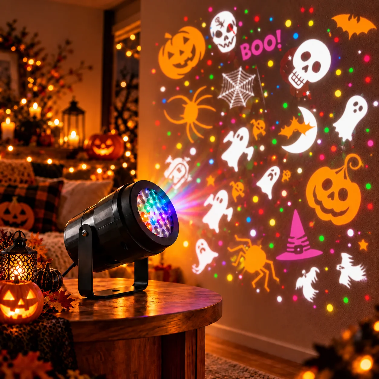 Holiday Prism projecting colourful Halloween characters and decorations onto a home
