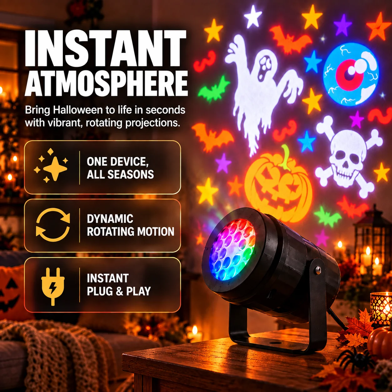 Holiday Prism creating colourful Halloween projections on a home exterior