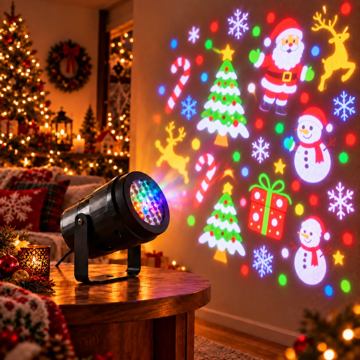 Holiday Prism showing Halloween-themed projection patterns in a decorated room